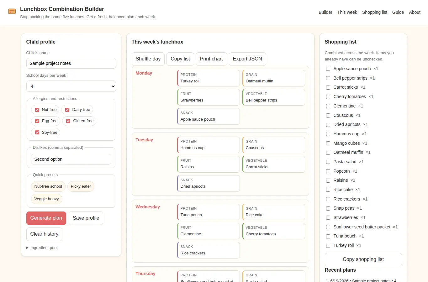 Screenshot of Lunchbox Packing Combination Builder interface showing the project page in use
